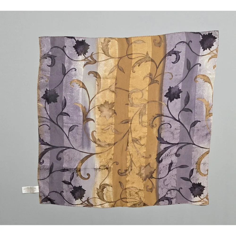 Jones New York Silk‎ Scarf Floral Stripe Damask Brown Purple Beige Square